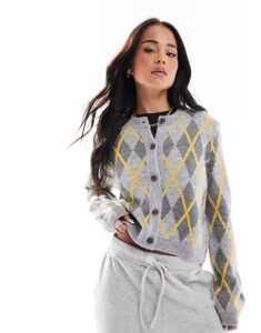 Miss Selfridge Crew Neck Argyle Cardigan