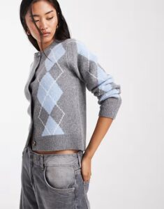 Knit Cardigan In Gray Argyle