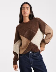 Fluffy Knit Sweater In Brown Argyle