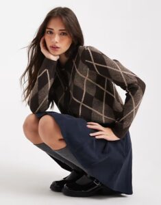 Threadbare button down crew neck cardigan in brown argyle