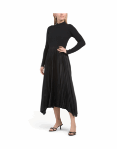 Long Sleeve Mock Neck Midi Mixed Media Dress