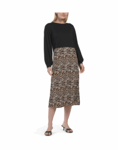 Mixed Media Knit Top With Leopard Skirt Midi Dress