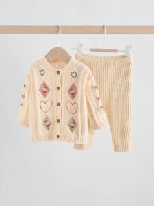 Cream Embroidered Baby Knitted Cardigan and Leggings 2 Piece Set (0mths-3yrs)