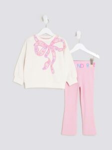 River Island Cream Bow Sweatshirt & Rainbow Waistband Kickflare Leggings Set