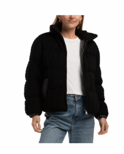 Sweater Knit Puffer Jacket with Faux Leather Trim