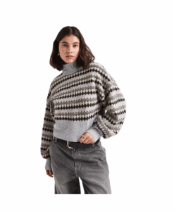 High Neck Blouson Sleeve Knit Sweater in Neutral Diamond Print