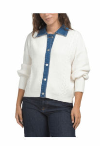 Chunky Cable Knit Sweater with Denim Trim