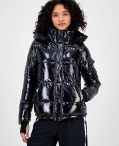 Women's Ella Hooded Thumbhole-cuff Shine Puffer Coat