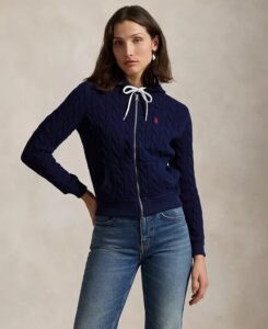 Women's Cable-knit Cotton Full-zip Hoodie Sweater