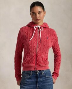 Women's Cable-knit Cotton Full-zip Hoodie Sweater