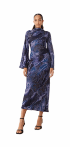 Maxi Dress with Scarf Detail in Black and Blue Abstract Print