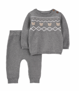 You Baby Boys' 3pc Bear Fair Isle Sweater and Pants Set - Gray