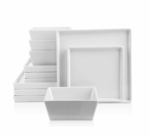 Stone Lain Grace Square Stoneware Dinnerware Set, 12 Piece Service for 4, Plates and Bowls Dish Set, White