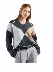 Argyle High V-neck Sweater in Mocha