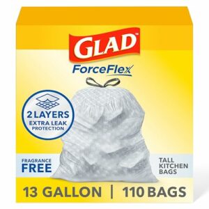 Glad Forceflex Tall Kitchen Drawstring Trash Bags, 13 Gal, Fragrance Free, 110 Ct