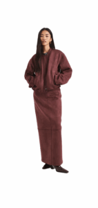 Super Soft Faux Suede Zip Up Bomber Jacket and Maxi Skirt Set in Burgundy