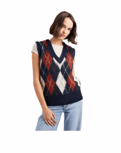 Fluffy Knit Vest in Navy Argyle