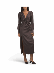 Leona Twist Front Long Sleeve V-neck Dress with Satin Finish