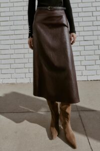 Faux Leather Belted Midi Skirt