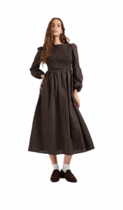 Volume Sleeve Midaxi Dress in Brown Stripe