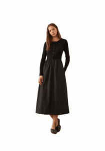 Jersey Poplin Mix Midi Dress with Button Up Top in Black