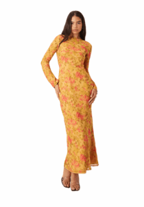 Maxi Dress with Flared Sleeves in Mustard with Floral Print