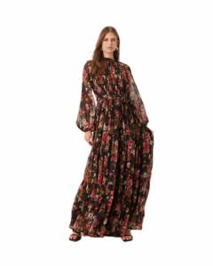 Long Sleeve Maxi Dress in Black Floral Print