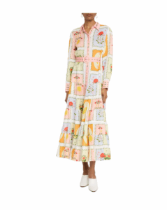 Aria Tiered Tile-print Linen Maxi Shirtdress