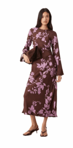 Shiloh Long Sleeve Midaxi Dress in Brown Oversized Floral
