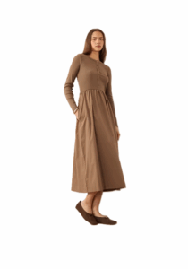 Jersey Poplin Mix Midi Dress with Button Up Top in Mocha