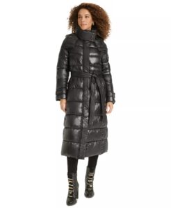 Women's Shine Hooded Belted Puffer Coat
