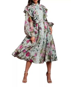 Long Sleeve Printed Organza Shirt Dress