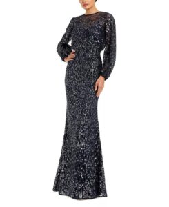 Sequin Long Sleeve Blouson Evening Gown