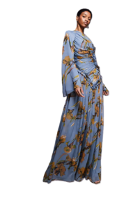Tall Crinkle Chiffon Gathered Maxi Dress with Micro Ruffles in Blue Floral Print