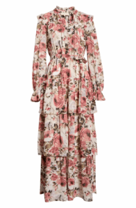 Floral Ruffle Tie Belt Long Sleeve Maxi Dress