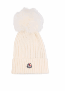 Kid's Ribbed Logo Beanie with Faux Fur Pom