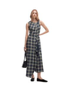 Asymmetric Midi Dress with Twist Detail in Blue Plaid
