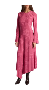 Rachel Long Sleeve Asymmetric Midi Dress in Floral Jacquard