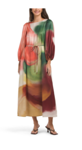 Balloon Sleeve Abstract Print Maxi Dress
