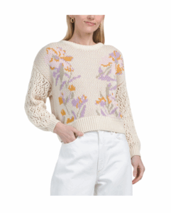 Cropped Crew Neck Floral Sweater
