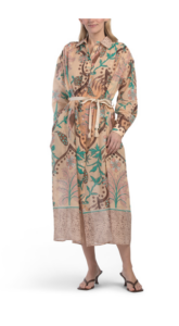 Long Sleeve Border Print Maxi Shirt Dress