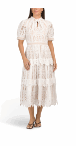 Short Sleeve Lace Overlay Tiered Maxi Dress