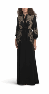 Linen Blend Balloon Sleeve Embroidered Maxi Dress