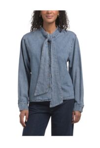 Long Sleeve Denim Shirt with Neck Tie