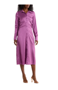 Madison Ruched Long Sleeve Satin Midi Shirtdress