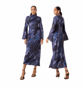 Maxi Dress with Scarf Detail in Black and Blue Abstract Print