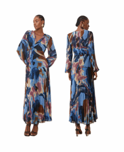 Twisted Detail Wrap Front Pleated Midi Dress in Abstract Navy