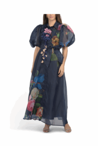 Puff Sleeve Floral Maxi Dress with 3d Floral Accents