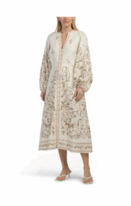 Linen Blend Printed Long Sleeve Maxi Dress with Rope Belt
