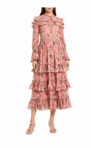 Printed Long Sleeve Lace Up Front Tiered Ruffle Dress